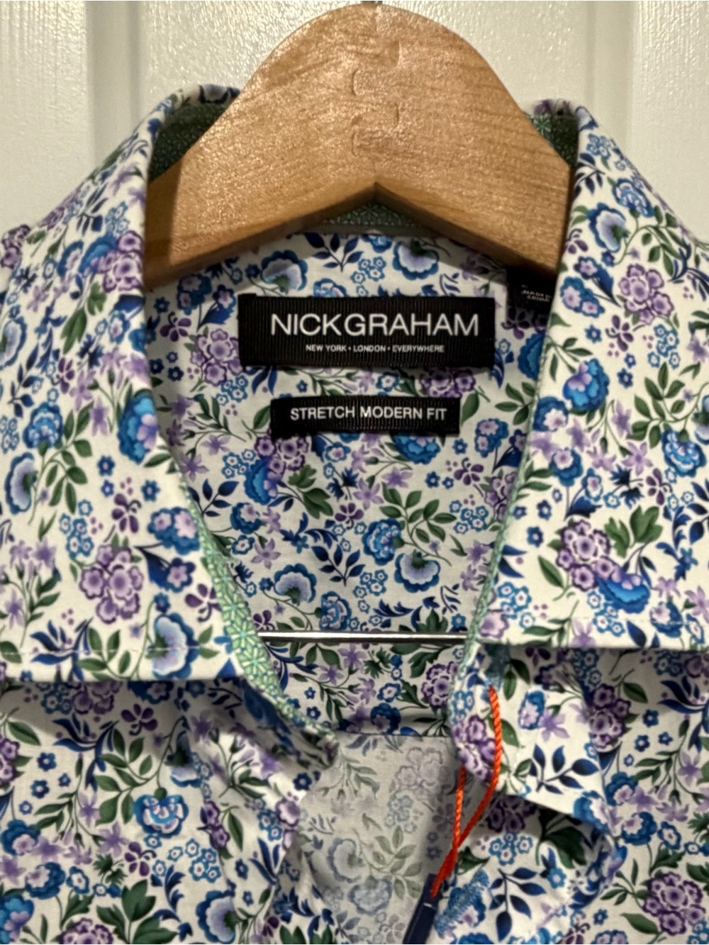 Nick Graham Men’s Floral Stretch Dress Shirt - White with Blue & Purple, Large